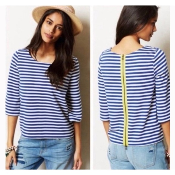Anthropologie Postmark Genoa Striped Top Size Medium - Nautical Blue & White - Picture 7 of 7